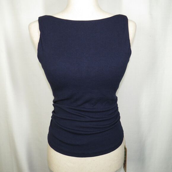 OGL Plantive Navy Ribbed Ruched Boat Neck Low Back Padded Bra Brami Tank Medium - Picture 10 of 11